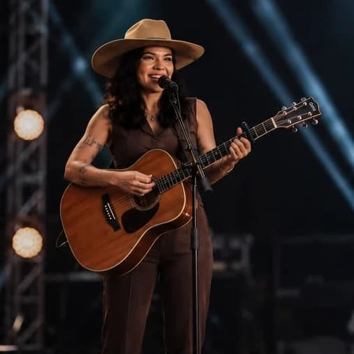 Layra Mota sozinha no palco com violão e chapéu